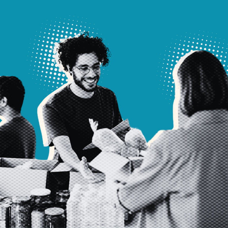 Cut out style image of a man handing a woman a bag of food